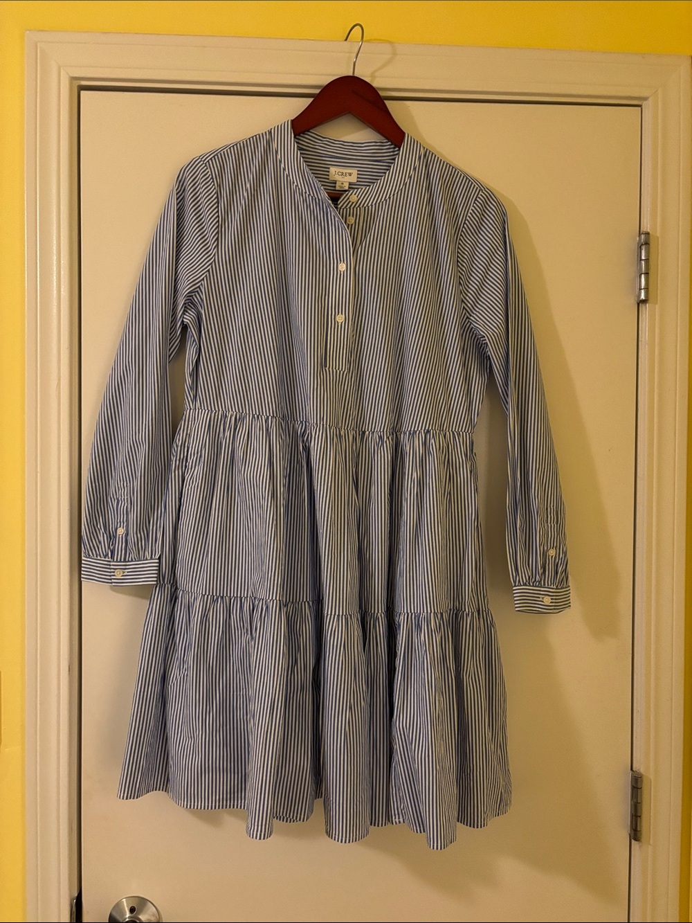 J. Crew Blue and White Striped Long Sleeve Tiered Dress